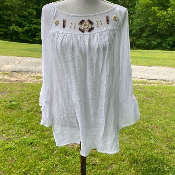 Zac & Rachel Womens White Gauze Semi Sheer Wood Beaded Peasant Blouse Size 1X - Picture 1 of 5